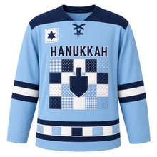 Load image into Gallery viewer, Patchwork Quilt Dreidel Hanukkah Hockey Jersey in Quilt Sky, front view – custom name and number