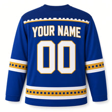 Load image into Gallery viewer, Pixel Menorah Hanukkah Hockey Jersey in Pixel Royal, back view with your name and number