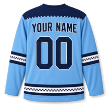 Load image into Gallery viewer, Pixel Menorah Hanukkah Hockey Jersey in Pixel Sky, back view with your name and number