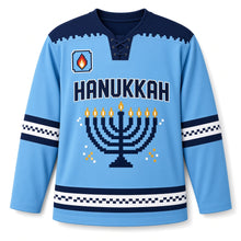 Load image into Gallery viewer, Pixel Menorah Hanukkah Hockey Jersey in Pixel Sky, front view – custom name and number