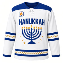 Load image into Gallery viewer, Pixel Menorah Hanukkah Hockey Jersey in Pixel White, front view – custom name and number