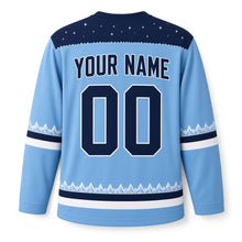 Load image into Gallery viewer, Polar Night Dreidel Hanukkah Hockey Jersey in Polar Arctic Blue, back view with your name and number