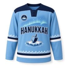 Load image into Gallery viewer, Polar Night Dreidel Hanukkah Hockey Jersey in Polar Arctic Blue, front view – custom name and number