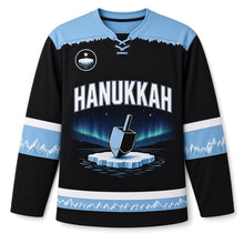 Load image into Gallery viewer, Polar Night Dreidel Hanukkah Hockey Jersey in Polar Black, front view – custom name and number