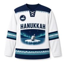 Load image into Gallery viewer, Polar Night Dreidel Hanukkah Hockey Jersey in Polar Ice White, front view – custom name and number