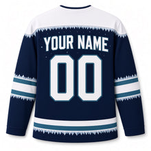 Load image into Gallery viewer, Polar Night Dreidel Hanukkah Hockey Jersey in Polar Night Navy, back view with your name and number