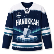 Load image into Gallery viewer, Polar Night Dreidel Hanukkah Hockey Jersey in Polar Night Navy, front view – custom name and number