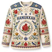 Load image into Gallery viewer, Pomegranate Embroidery Hanukkah Hockey Jersey in Linen Cream, front view – custom name and number