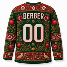 Load image into Gallery viewer, Pomegranate Embroidery Hanukkah Hockey Jersey in Vine Green, back view with your name and number