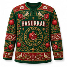 Load image into Gallery viewer, Pomegranate Embroidery Hanukkah Hockey Jersey in Vine Green, front view – custom name and number