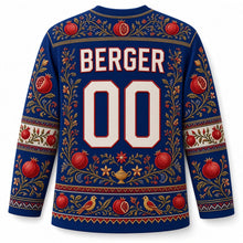 Load image into Gallery viewer, Pomegranate Embroidery Hanukkah Hockey Jersey in Royal Thread Blue, back view with your name and number