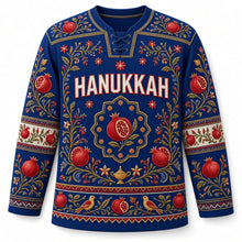 Load image into Gallery viewer, Pomegranate Embroidery Hanukkah Hockey Jersey in Royal Thread Blue, front view – custom name and number