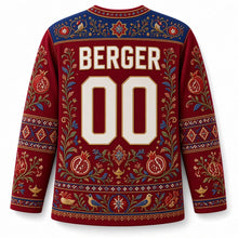 Load image into Gallery viewer, Pomegranate Embroidery Hanukkah Hockey Jersey in Pomegranate Ruby, back view with your name and number