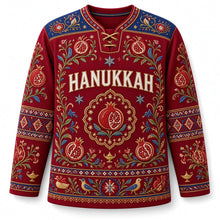 Load image into Gallery viewer, Pomegranate Embroidery Hanukkah Hockey Jersey in Pomegranate Ruby, front view – custom name and number