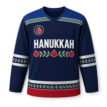 Load image into Gallery viewer, Pomegranate Vine Band Hanukkah Hockey Jersey in Vine Navy, front view – custom name and number