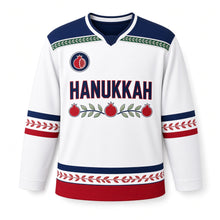 Load image into Gallery viewer, Pomegranate Vine Band Hanukkah Hockey Jersey in Vine Snow White, front view – custom name and number