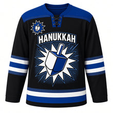 Load image into Gallery viewer, Pop Art Dreidel Hanukkah Hockey Jersey in Pop Art Black, front view – custom name and number