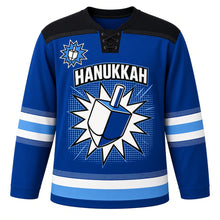 Load image into Gallery viewer, Pop Art Dreidel Hanukkah Hockey Jersey in Pop Art Royal, front view – custom name and number