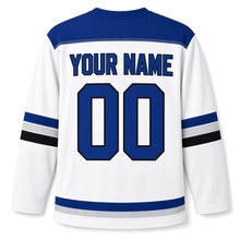 Load image into Gallery viewer, Pop Art Dreidel Hanukkah Hockey Jersey in Pop Art White, back view with your name and number