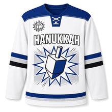 Load image into Gallery viewer, Pop Art Dreidel Hanukkah Hockey Jersey in Pop Art White, front view – custom name and number