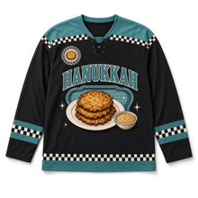 Load image into Gallery viewer, Retro Diner Latke Hanukkah Hockey Jersey in Diner Black, front view – custom name and number