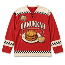 Load image into Gallery viewer, Retro Diner Latke Hanukkah Hockey Jersey in Diner Cherry, front view – custom name and number