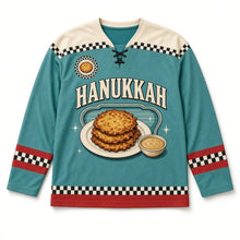 Load image into Gallery viewer, Retro Diner Latke Hanukkah Hockey Jersey in Diner Teal, front view – custom name and number