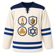 Load image into Gallery viewer, Retro Patch Collection Hanukkah Hockey Jersey in Patch Badge Cream, front view – custom name and number