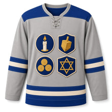 Load image into Gallery viewer, Retro Patch Collection Hanukkah Hockey Jersey in Patch Badge Heather, front view – custom name and number