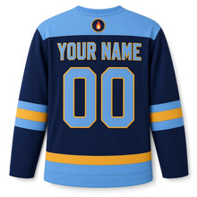 Load image into Gallery viewer, Retro Patch Collection Hanukkah Hockey Jersey in Patch Badge Navy, back view with your name and number