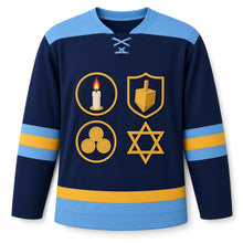 Load image into Gallery viewer, Retro Patch Collection Hanukkah Hockey Jersey in Patch Badge Navy, front view – custom name and number