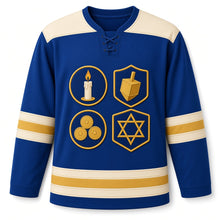 Load image into Gallery viewer, Retro Patch Collection Hanukkah Hockey Jersey in Patch Badge Royal, front view – custom name and number