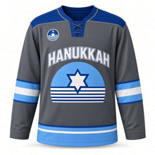 Load image into Gallery viewer, Retro Sunset Star Hanukkah Hockey Jersey in Sunset Charcoal, front view – custom name and number