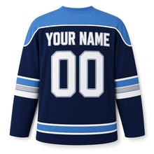 Load image into Gallery viewer, Retro Sunset Star Hanukkah Hockey Jersey in Sunset Navy, back view with your name and number
