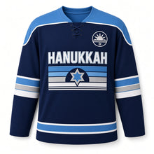Load image into Gallery viewer, Retro Sunset Star Hanukkah Hockey Jersey in Sunset Navy, front view – custom name and number