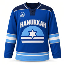 Load image into Gallery viewer, Retro Sunset Star Hanukkah Hockey Jersey in Sunset Royal, front view – custom name and number