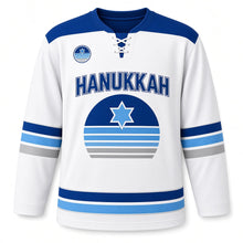Load image into Gallery viewer, Retro Sunset Star Hanukkah Hockey Jersey in Sunset White, front view – custom name and number