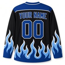 Load image into Gallery viewer, Rising Blue Flame Hanukkah Hockey Jersey in Black Flame, back view with your name and number