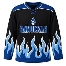 Load image into Gallery viewer, Rising Blue Flame Hanukkah Hockey Jersey in Black Flame, front view – custom name and number