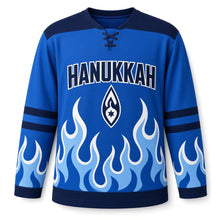 Load image into Gallery viewer, Rising Blue Flame Hanukkah Hockey Jersey in Royal Flame, front view – custom name and number