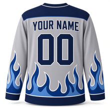 Load image into Gallery viewer, Rising Blue Flame Hanukkah Hockey Jersey in Silver Flame, back view with your name and number