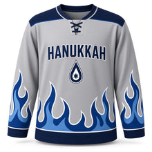 Load image into Gallery viewer, Rising Blue Flame Hanukkah Hockey Jersey in Silver Flame, front view – custom name and number