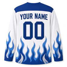 Load image into Gallery viewer, Rising Blue Flame Hanukkah Hockey Jersey in White Flame, back view with your name and number