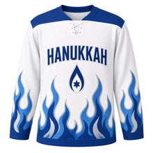 Load image into Gallery viewer, Rising Blue Flame Hanukkah Hockey Jersey in White Flame, front view – custom name and number