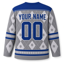 Load image into Gallery viewer, Sapphire Argyle Star Hanukkah Hockey Jersey in Heather Argyle, back view with your name and number