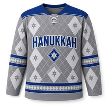 Load image into Gallery viewer, Sapphire Argyle Star Hanukkah Hockey Jersey in Heather Argyle, front view – custom name and number