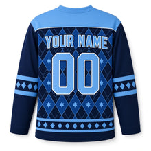 Load image into Gallery viewer, Sapphire Argyle Star Hanukkah Hockey Jersey in Midnight Argyle, back view with your name and number