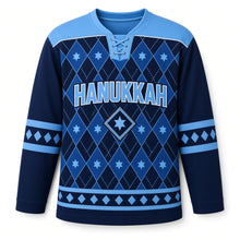 Load image into Gallery viewer, Sapphire Argyle Star Hanukkah Hockey Jersey in Midnight Argyle, front view – custom name and number