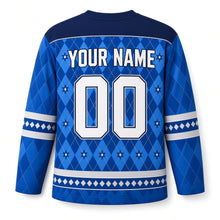 Load image into Gallery viewer, Sapphire Argyle Star Hanukkah Hockey Jersey in Sapphire Argyle, back view with your name and number