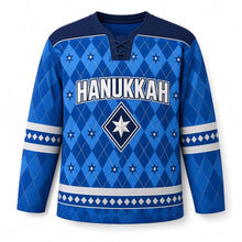 Load image into Gallery viewer, Sapphire Argyle Star Hanukkah Hockey Jersey in Sapphire Argyle, front view – custom name and number